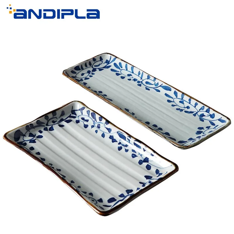 

Creative Hand Painted Blue and White Porcelain Dinner Plate Japanese Sushi Fruit Plate Ceramic Rectangular Tray Home Fish Dish