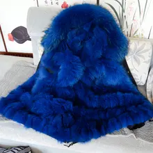 Winter Mrs furs black jacket with real fox fur lined hooded outwear real raccoon fur collar Mr fox fur parka