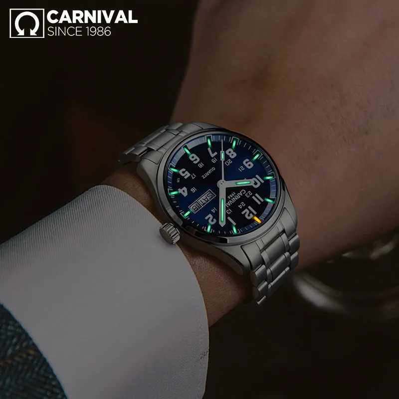 CARNIVAL New Fashion Tritium gas светящиеся часы мужские топ бренд Роскошные Кварцевые