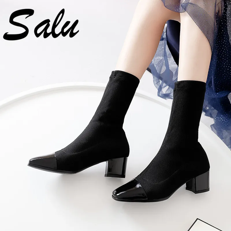 

Salu Boots Women Genuine Leather mid-calf Boots for Women Heels Round Toe Black Chelsea Boots Female Spring Autumn Shoes Women