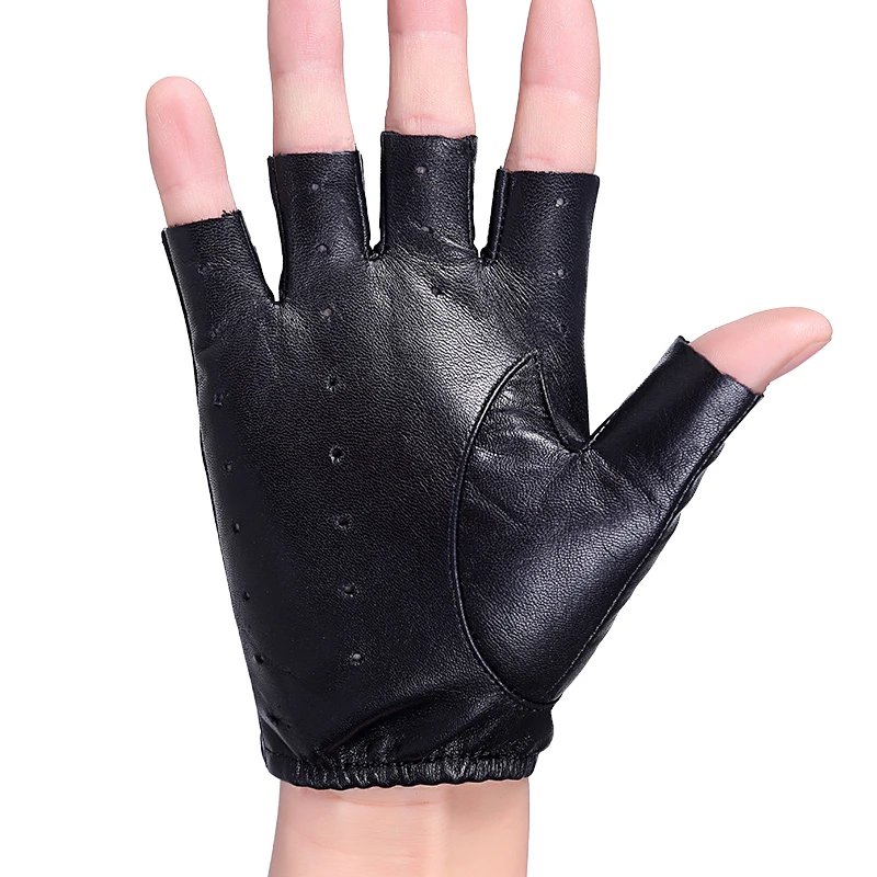 Men Genuine Leather Gloves Semi-Finger Outside Sport Ride Slip-Resistant Sheepskin Gulps Half Breathable Leather Gloves 