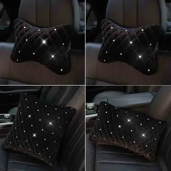 

Winter Plush with Crystal Rhinestone Car Pillow Sets For Girls Warm Fur Head Rest Neck Waist Supports Auto Steering Wheel Covers