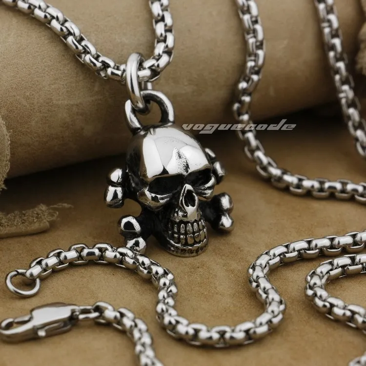 

316L Stainless Steel Skull Cross Bone Mens Biker Pendant AJ08(Necklace 24inch)