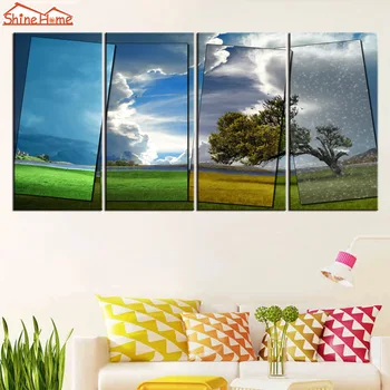 

ShineHome-Modular 4 Panel Canvas Picture Prints Painting Wall Art Tree Seasons Landscape Nature Scenery Pictures Printing Decor