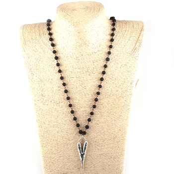

Fashion Bohemian Jewelry 6mm Stone Rosary Chain Metal Heart Pendant Ethnic Necklace