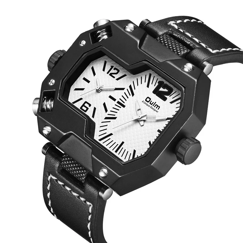 

Oulm New Men's Watches Unique Design Two Time Zone Sport Wrist Watch Male Quartz Clock Big Size Genuine Leather Military Watch