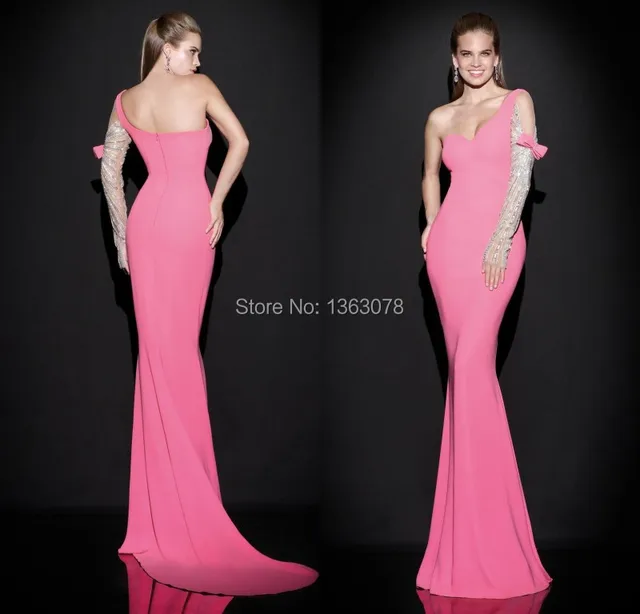 New Arrive Custom Made One Shoulder Sleeve Beading Curve Hugging New Arrive Custom Made One Shoulder Sleeve Beading Curve Hugging Hourgl Figure Evening Dresses