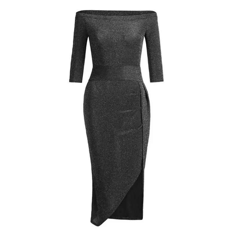 Новинка, сексуальное женское платье с открытыми плечами, с высоким разрезом, облегающее платье с длинным рукавом, вечерние платья для клуба, изящная одежда - Цвет: Черный