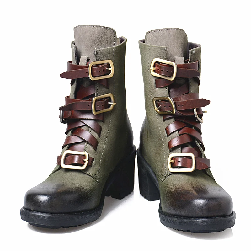 vert Coffee Véritable green Bottes Chaussures Talon En Rose D'équitation Punk Pour Lining Velvet Jady Lining Sangles Botas Boucle coffee Haut Vert Cuir Style Bottines Mujer Femmes Épais pCB1w