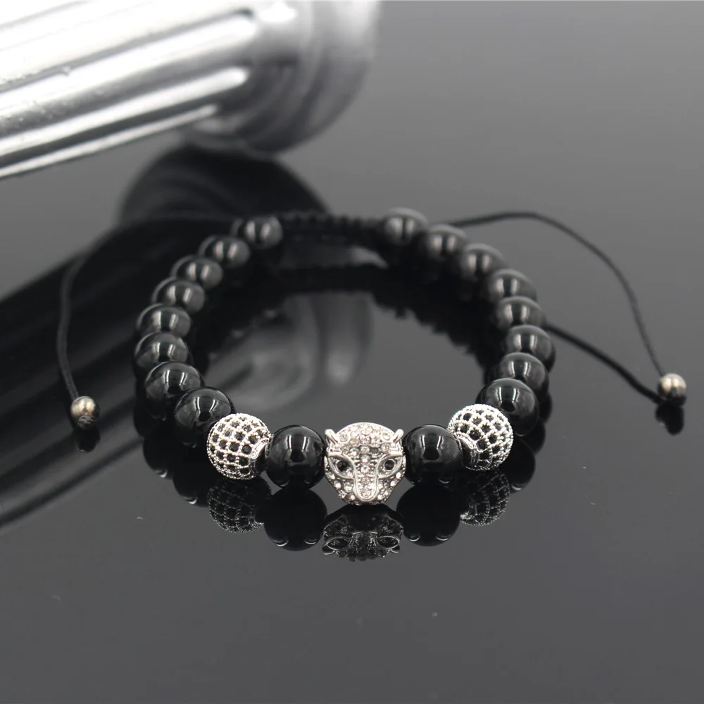 NADEEM Anil Arjandas макраме латунный Леопард с кристаллами головы браслет 8 мм Черный Оникс Камень шарик плетеный Регулируемый мужской браслет - Окраска металла: Model 3