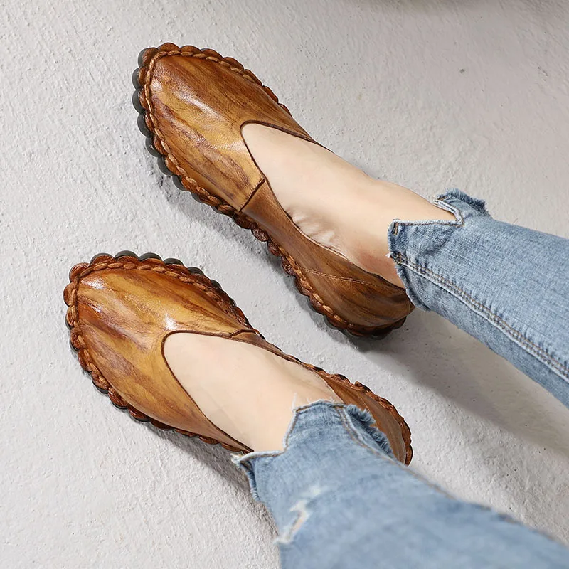 

2019 Ballet Flats Shoes Woman Round Toes Genuine Leather Handmade Vintage Comfort Soft Lady Loafers Moccasins