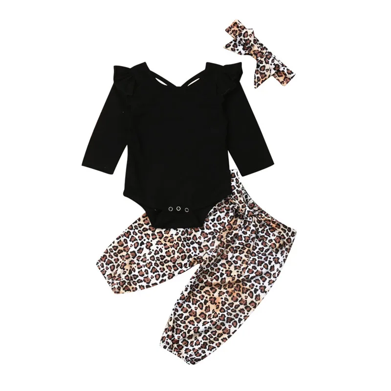 3PCS Baby Girl Toddler Kid Fall Clothes Outfit Long Sleeve Solid Black Cotton Romper Leopard Pants Trousers Headband Set | Детская
