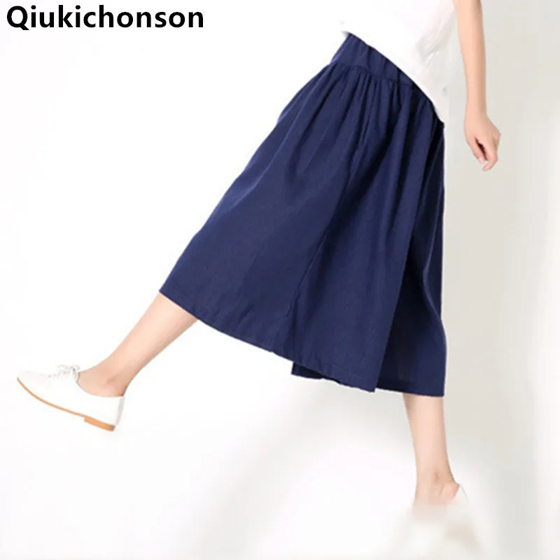 

Qiukichonson Cotton Linen Pants Women 2018 Spring Summer Literary Vintage Middle Aged Women Elastic Waist Casual Wide Leg Pants
