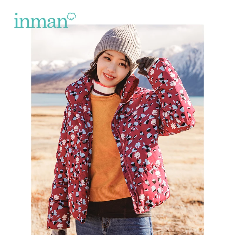 

INMAN Winter Turn Down Collar Contrast Color Loose Style Floral Short Women Down Coat