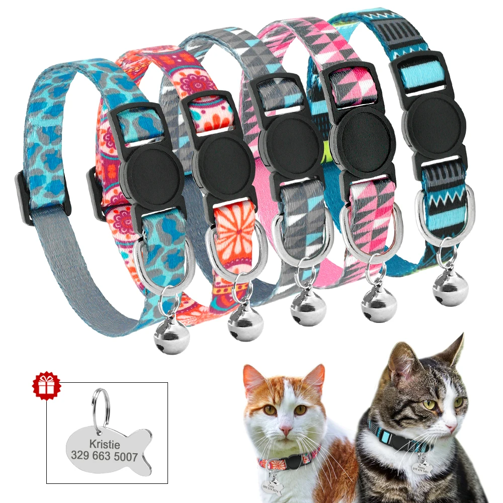 Custom Safety Cat Collar Personalized Cute Kitten Puppy Collars with Bell Name Tag Nylon Print Pet Cats Necklace Accessories 3