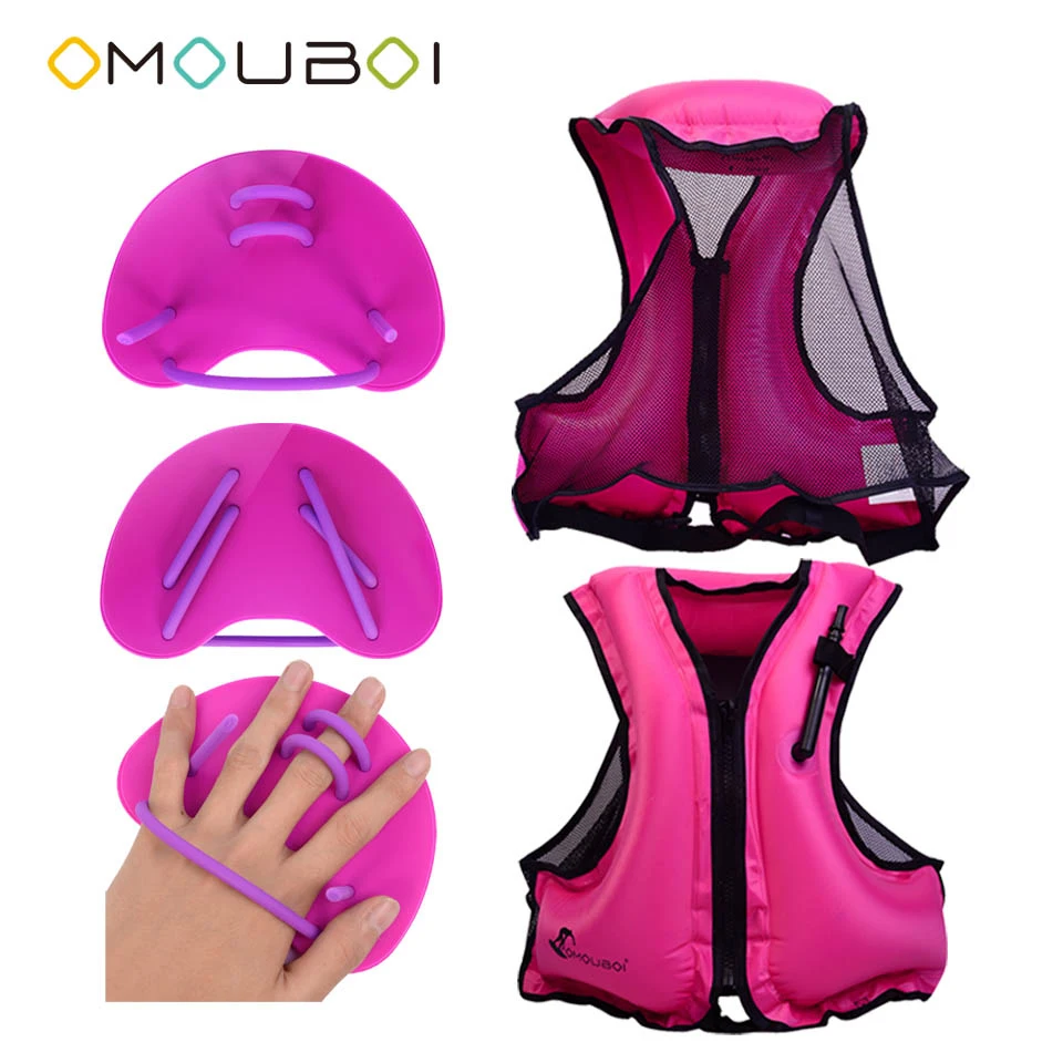 OMOUBOI Swimsafe Device High Visible Pink Life Jacket Inflatable Rescue Swimming Jacket With Swim Training Hand Blade Paddles