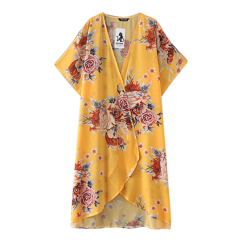 

ISHOWTIENDA Fashion Womens Chiffon Shawl Print Kimono Blouse Beachwear Woman Clothes Summer Blouses for Ladies blusas femininas
