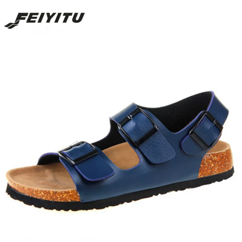 

Feiyitu Summer Fashion Men Double Buckle Sandals Flats Cork Gladiator Beach Shoes Sandalias Unisex Lovers Plus Size 35-45 black