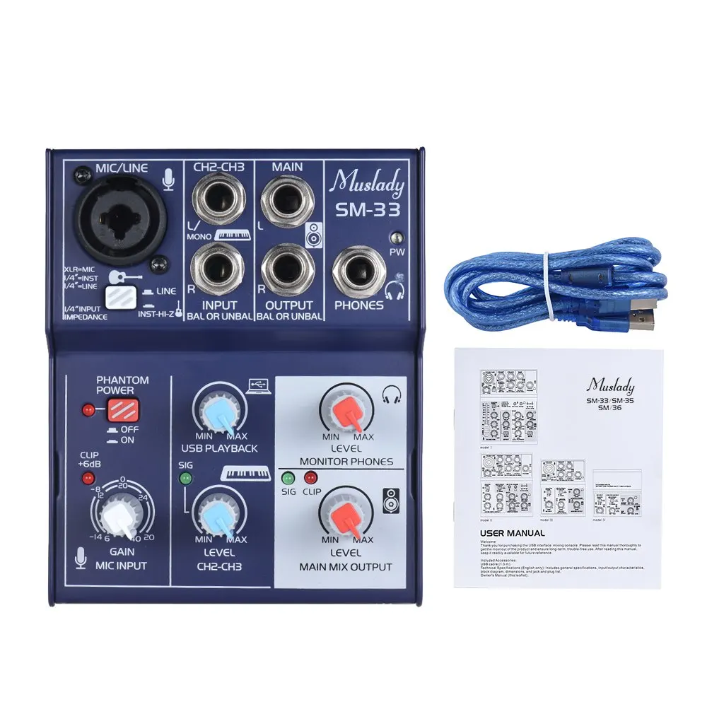 Muslady SM-33 Мини 3-канальный блок питания с звуковая карта микшерный пульт Цифровой аудио поддерживает 5V Мощность банк USB Питание
