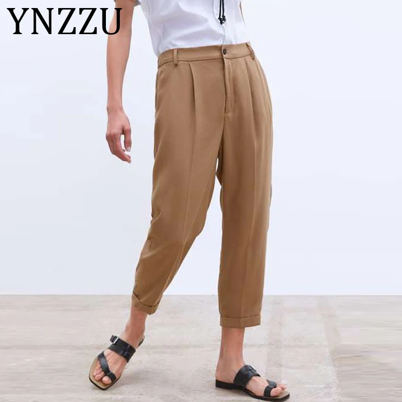 

YNZZU 2019 Autumn Elegant Women Pants High Waist Khika Suit Pants Femme Pantalones Work Wear Women Trousers Cuff Leg Pants AB203