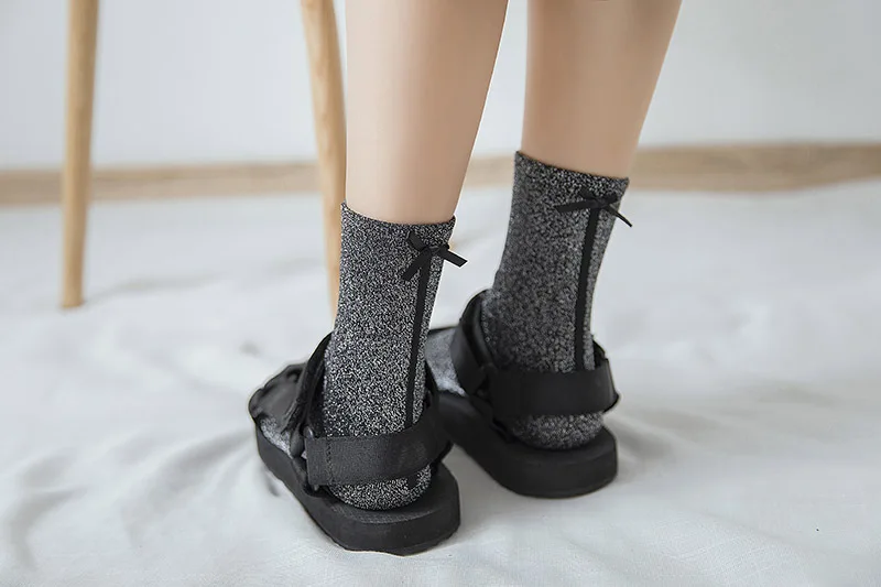 [COSPLACOOL] бантом блестящие Серебристые красивые носки Harajuku Японии хлопок Heap носки Для женщин Творческий Сияющий Sokken Calcetines