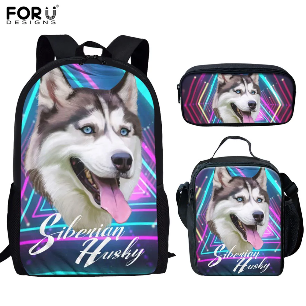 FORUDESIGNS School Bags Set for Boys Girls 3D Husky Pattern Bagpack Kids Schoolbags High Quality Backpack Book Lunch Pencil Bags