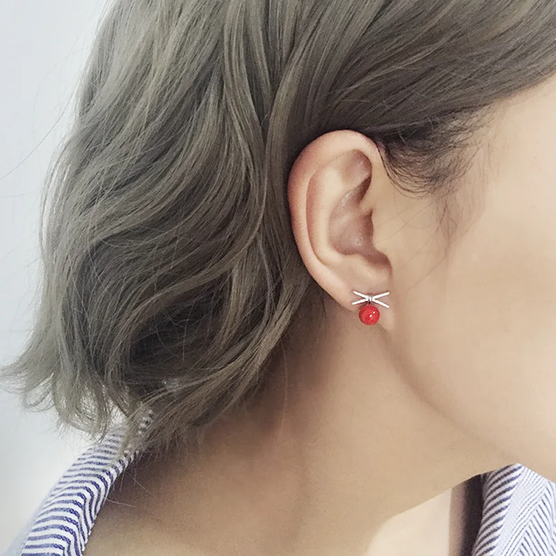 

silver red beads earring fashion Hypoallergenic Stud earrings 925 Sterling Jewelry for women gift