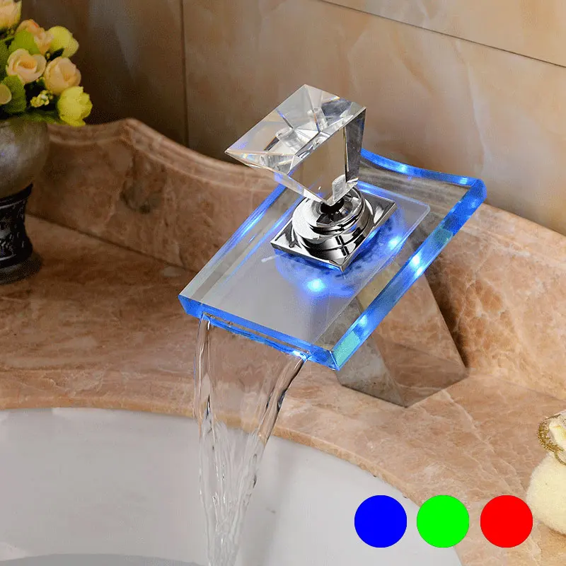 

LED Lights Basin Faucet Waterfall Glass Spout Sink Faucet, Temperature Sensitive 3 Colors Changes Cold and Hot Water Mixer Tap
