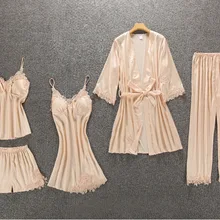 Серая Леди 4 шт ремень топ брюки костюм женщина пижама комплекты одежды для сна Весенняя домашняя ночная рубашка соблазнительное кимоно Халат