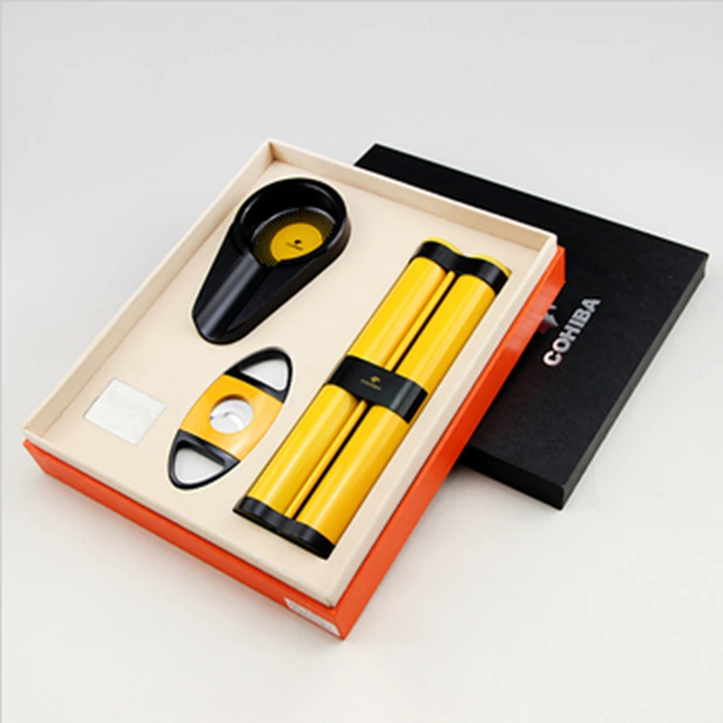 

High-grade Business Gifts Portable Titanium Black Cigar Ashtray Yellow Cigar Cutter Cigar Tube Set W/ Original Box