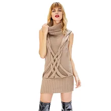 2018 Winter Dresses Women Knitted Sleeveless Turtleneck Dress Khaki Warm Knitwear Casual Office High Neck Sweater Dress