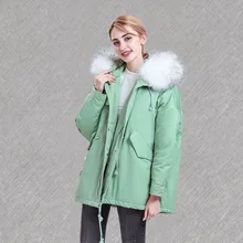 Огромный натуральным мехом енота зимняя куртка Для женщин белая утка вниз куртка Теплая куртка плюс Размеры парка женский пальто куртка