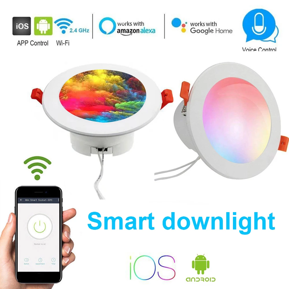 

4 inch Multicolor Full Function LED Smart Downlight Round Ceiling Recessed Spot Light 7W WiFi Control by Alexa Google Home IFTT