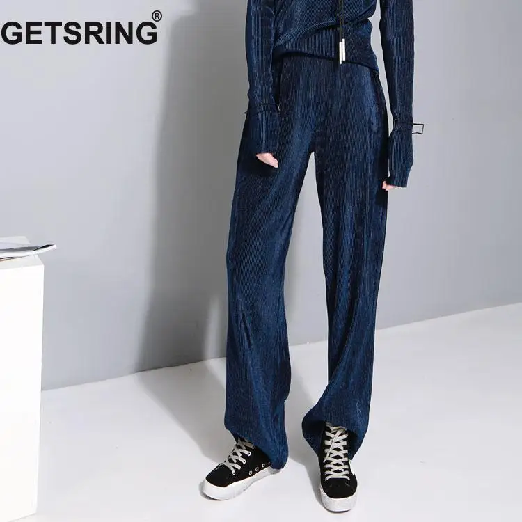 

GETSRING Retro Women Pants Thin Velvet Straight Wide Leg Pant Trousers Female All Match Black Blue Green Grey Legging 2017 Loose