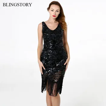 

BLINGSTORY Vintage Gatsby Flapper Dress V-Neck Sequin Beading Mid-calf Evening Party Ladies Dresses with Tassels