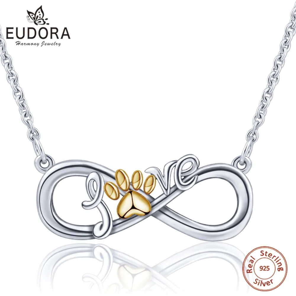 

Eudora 925 Sterling Silver lovely Cat Footprint Love letter &Infinite symbol Pendant Necklaces Women Fine Jewelry Gifts D181