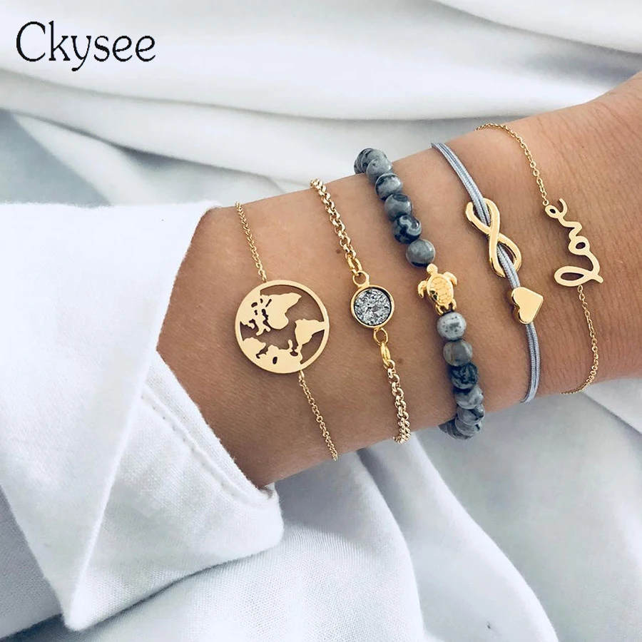 

Ckysee 5Pcs/lot Bohemian Map Heart Turtle Charm Bracelets Set Bangles For Women Multilayer Crystal Beads Chain Bracelet Gift