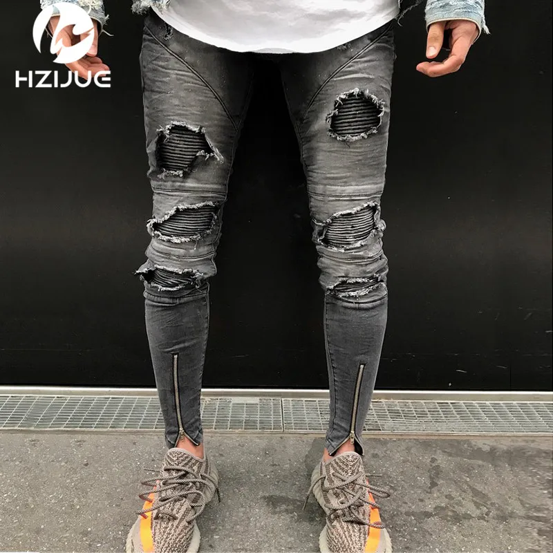

HZIJUE 2018 New Hem Zipper Stretch Knee Ripped biker Jeans Men Hole Hip Hop Brand Clothing Skinny Jeans Fashion Brand Men pants