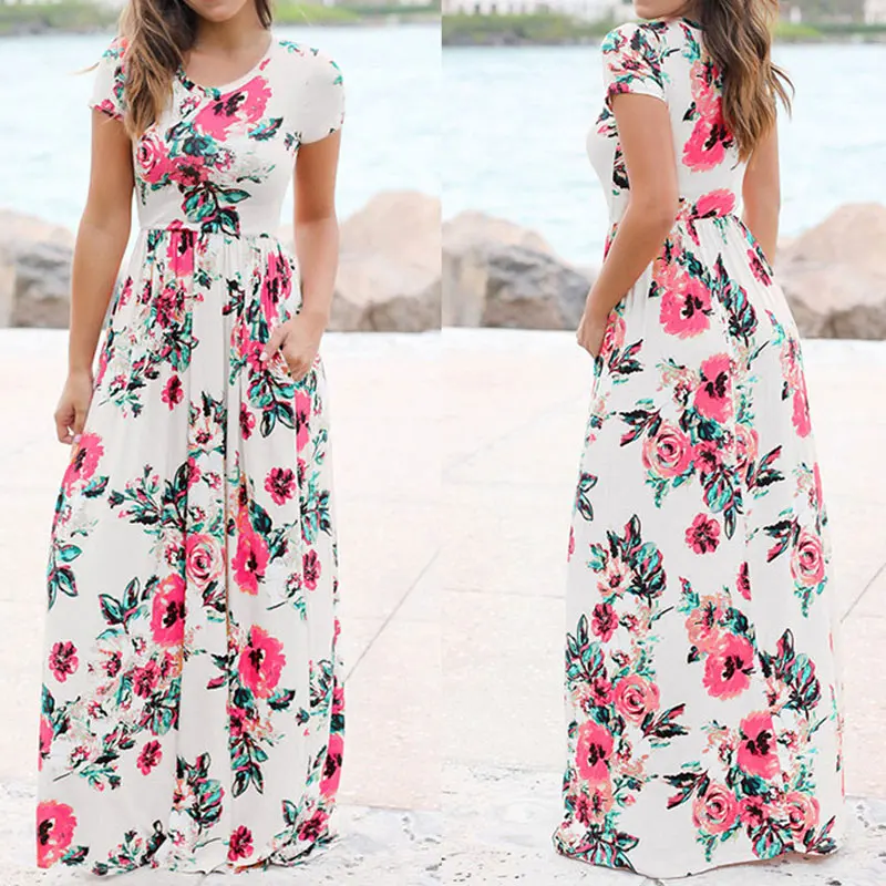 Women Long Maxi Dress Summer Floral Print Boho Beach Dress Short Sleeve Evening Party Dress Tunic Vestidos Plus Size XXXL