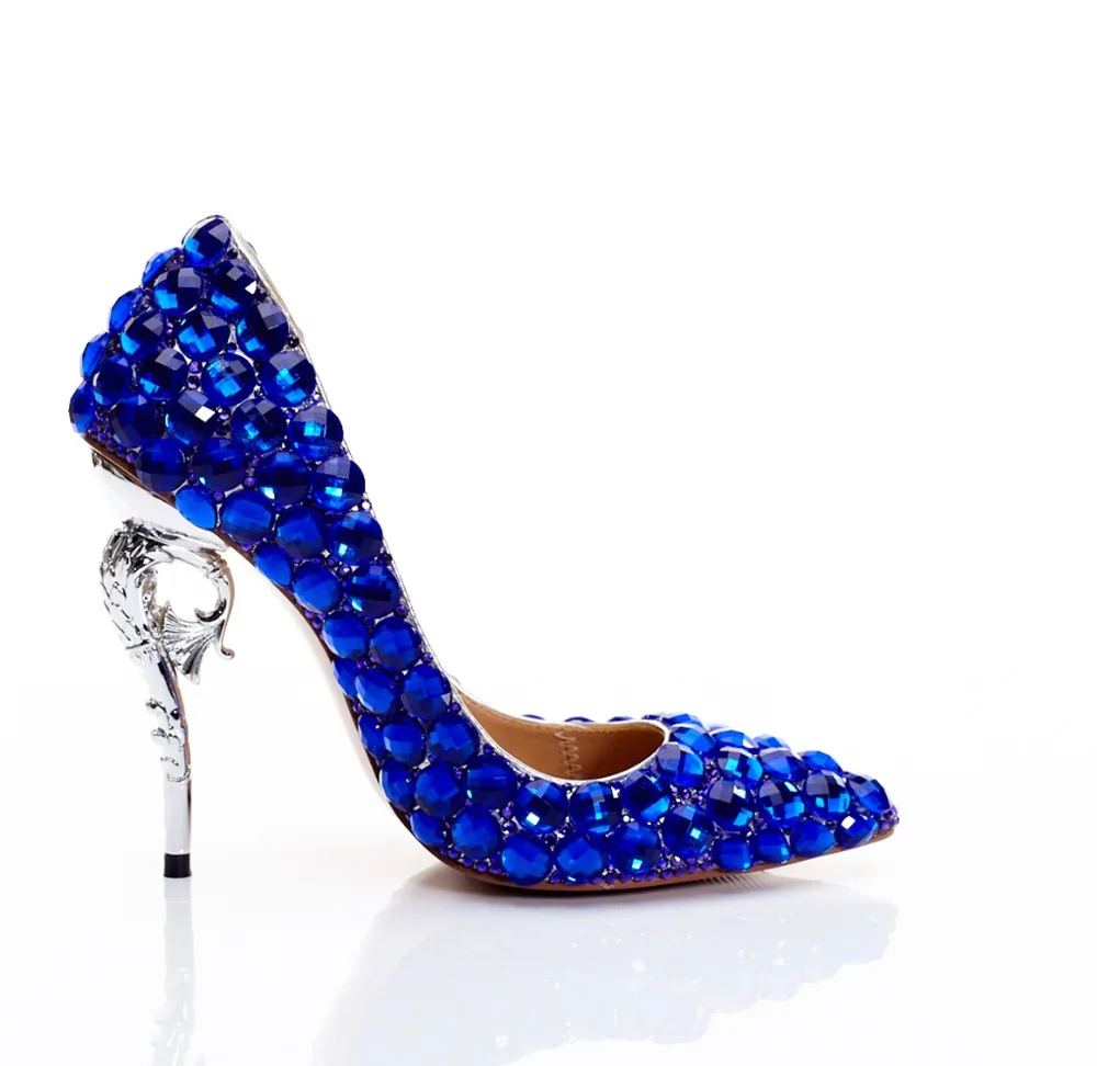 Women shoes 2019 high heels Wedding Female pumps Genuine leather Blue rhinestone dress shoe strange heels zapatillas mujer shoe