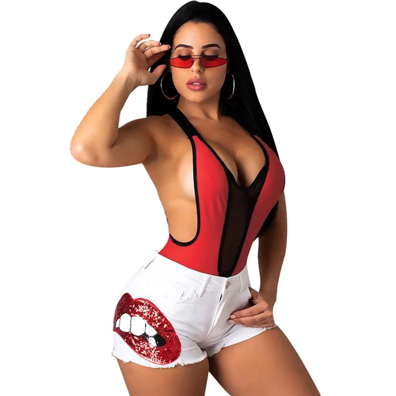 

Plus Size Lip Sequin Summer Shorts Jeans Women High Waisted Denim Shorts Streetwear Female Skinny Club Party Jeans Micro Short