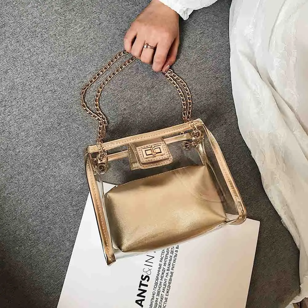 

New Arrival Clear Purse 2 in 1 Tote Transparent Bag Top Ring Handbag Golden Chain PVC Shoulder Bag