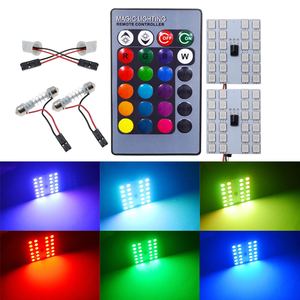 2X T10 W5W 24smd удаленного Управление Rgb карта светодиодные Панель автомобильные лампочки Чтение лампа купол гирлянда двери свет BA9S адаптер DC 12 V