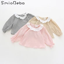 Коллекция года, Детская рубашка в полоску Футболка, стиль, хлопковая блузка с воротником в виде листьев лотоса для новорожденных девочек Детские рубашки в Корейском стиле