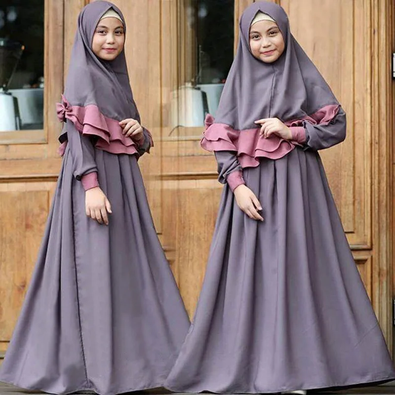 

Girls Muslin Gown Long Sleeve Muslim Dresses Party Wear Clothing Headscarf Set Kids Girls 2Pcs set M34