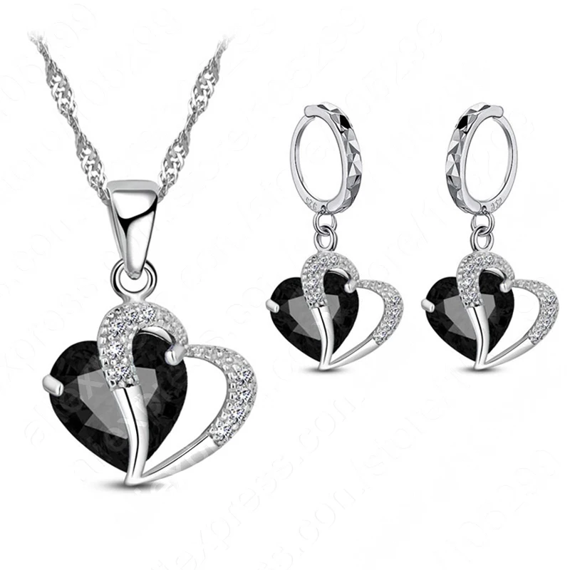 Роскошные женские 925 пробы серебряные кубические циркония ожерелье набор из подвески и серег хряща пирсинг ювелирные изделия свадебное сердце дизайн