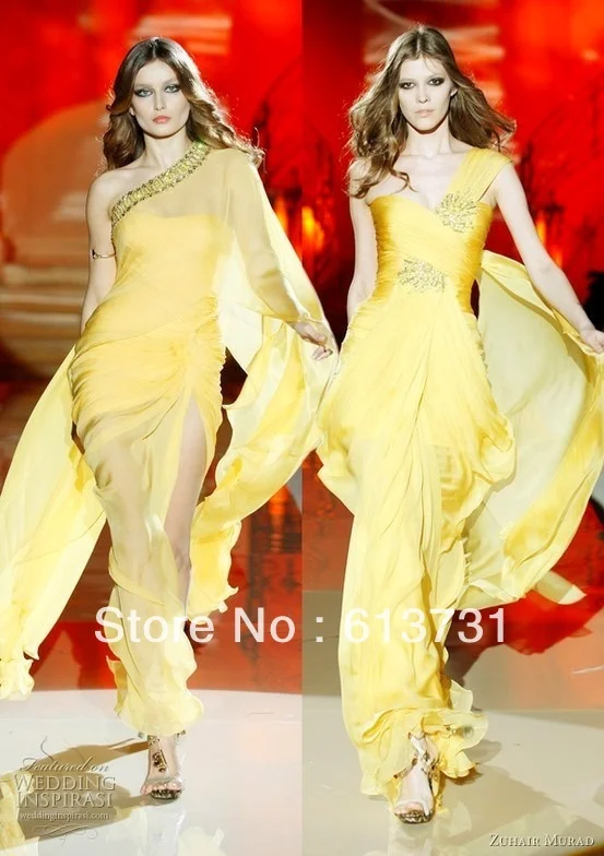 Zuhair Murad Haute Couture Evening Dresses One Shoulder Yellow Beading Beach Chiffon Long Slit Front Prom 2012 ZH18 | Свадьбы и