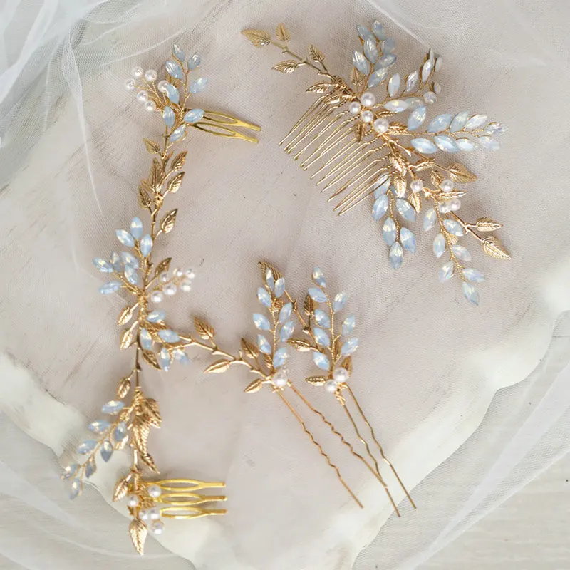 

Opal Bridal Hair Comb Gold Leaf Comb Hair Piece Pearl Rhinestone Wedding Bridal Bridesmaid Hair Accessories