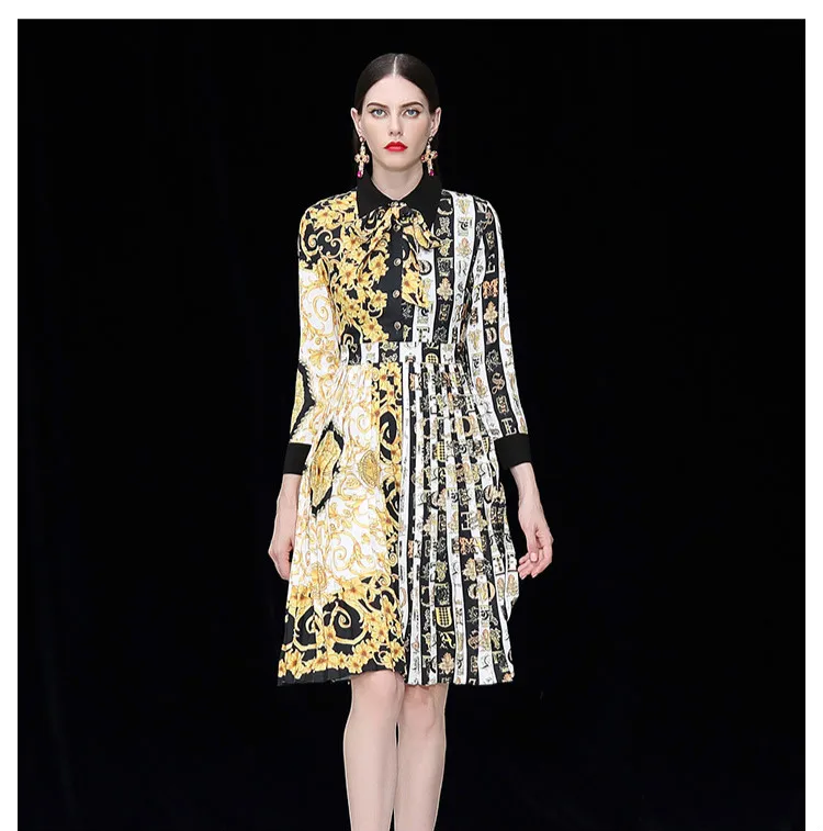 Arc Mode Neck De Grand Robe Pour Plissée Piste Turn Manches Style down Baroque Robes La Rue Partie Patchwork Pleine 87xqPE