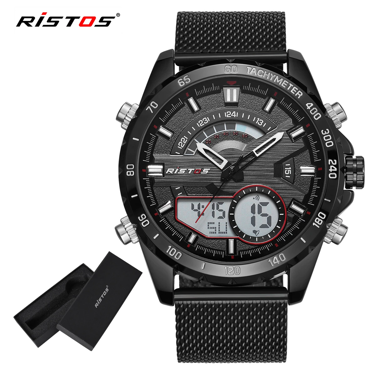 RISTOS модные часы Relojes Masculino Hombre, многофункциональные мужские спортивные часы со стальным плетением, цифровые наручные часы с хронографом для мужчин 9361 - Цвет: Black Red Box